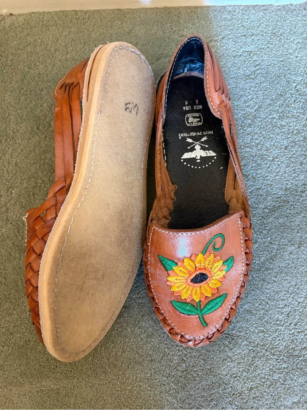 Women's Brown Leather Slip-On Loafers with Embroidered Sunflower
